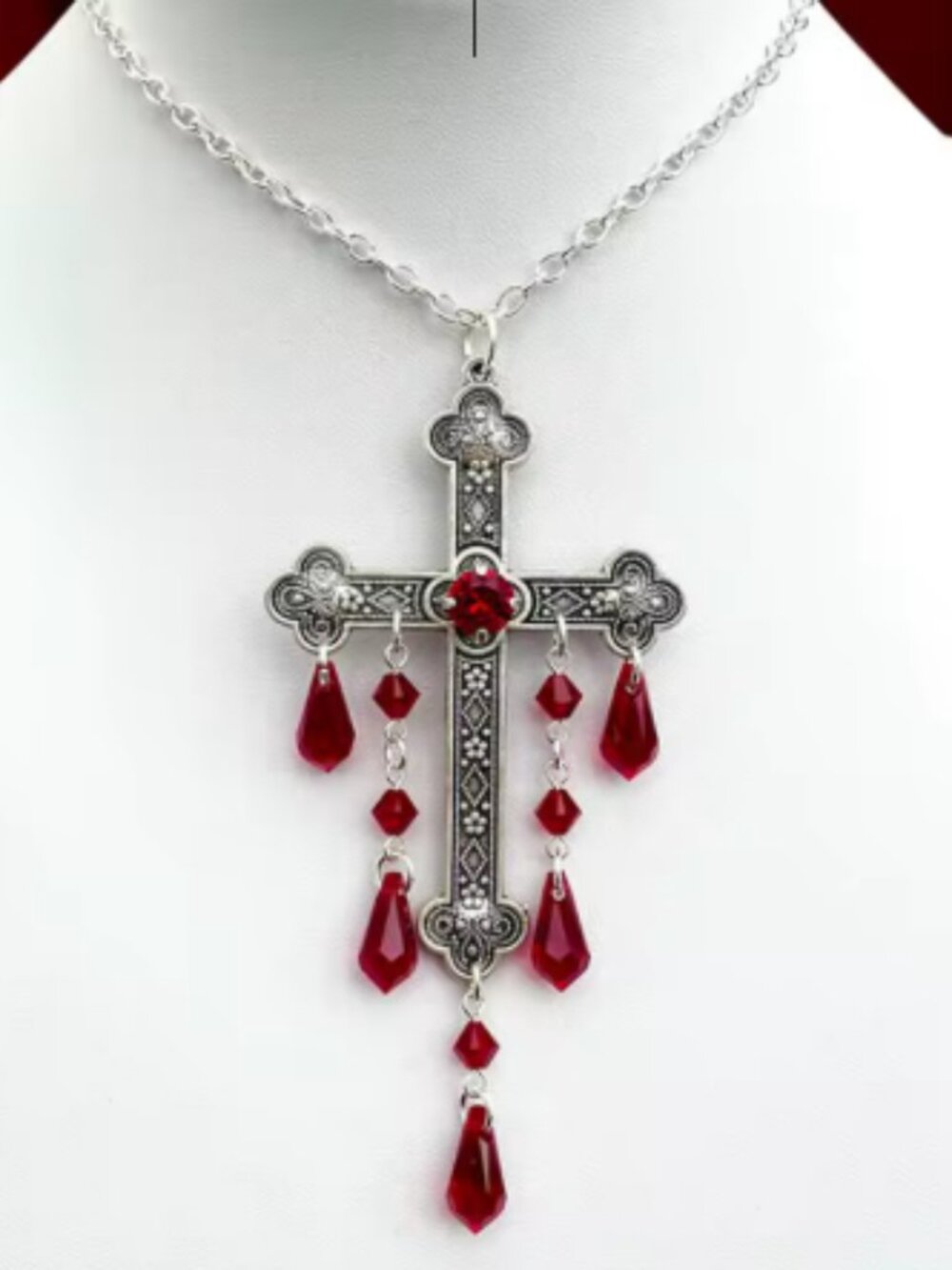 Gothic Vampire Cross Necklace Red Crystal Dangle Pendant Halloween Jewelry